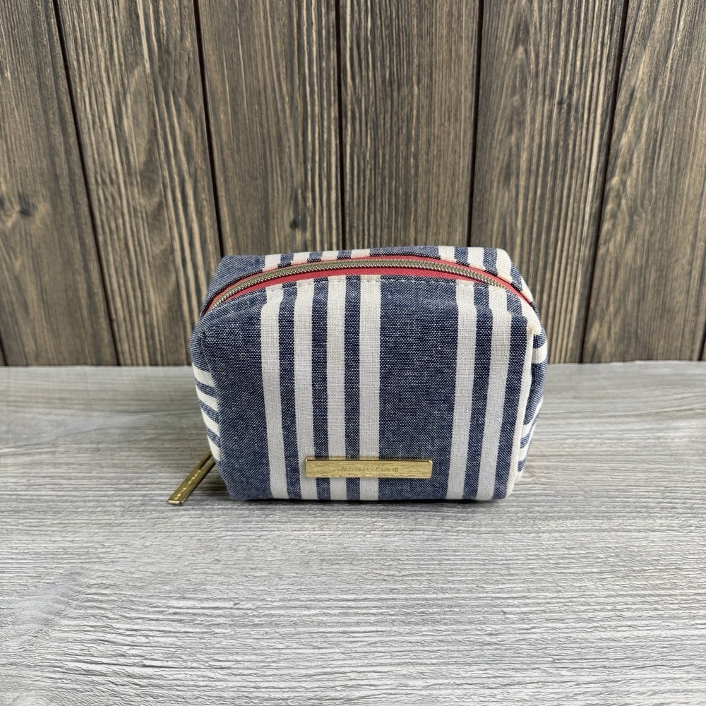 Tartan + Twine Cosmetic Makeup Bag Navy White Striped Red Lining Travel Pouch